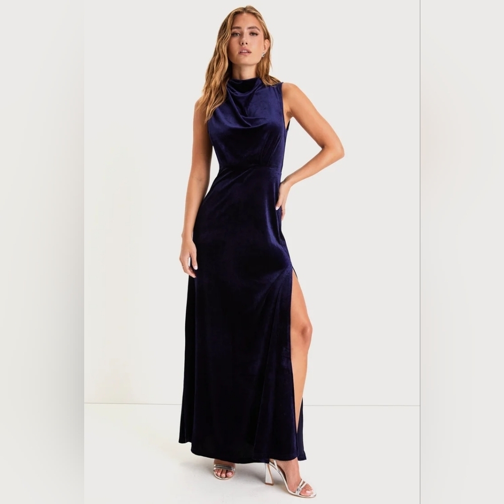 Lulu's Classic Elegance Navy Velvet Sleeveless Mock Neck Maxi Dress Wedding